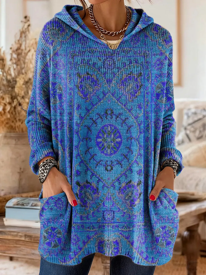 Women's multicolour ethnic print hooded knit tunic