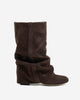Women's brown slouchy knee high boots with low heel