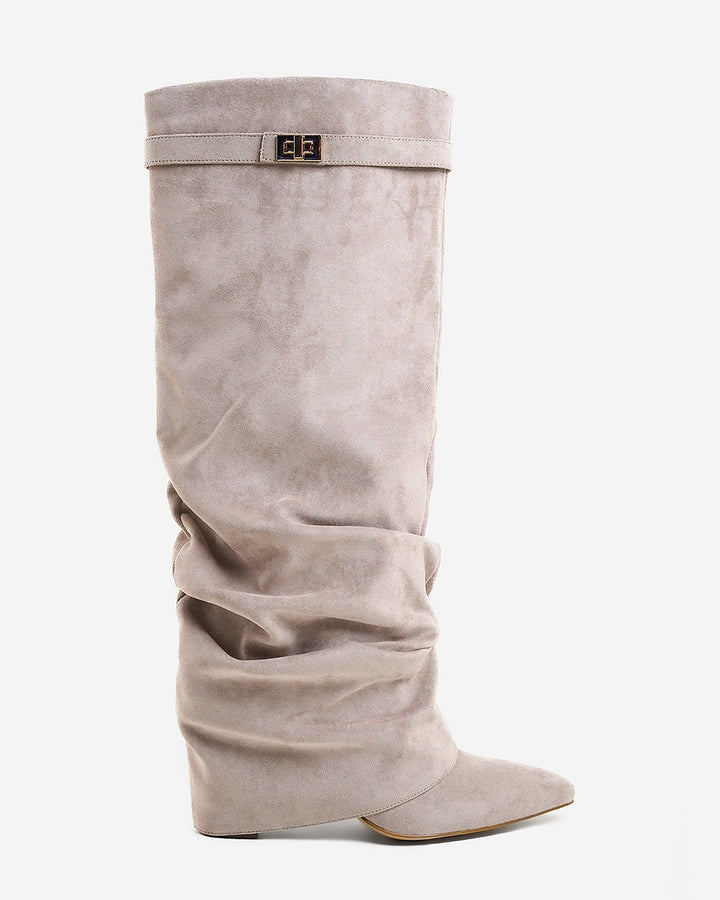 Women's taupe slouchy knee-high boots with pointed toes and buckle straps