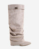 Women's taupe slouchy knee-high boots with pointed toes and buckle straps