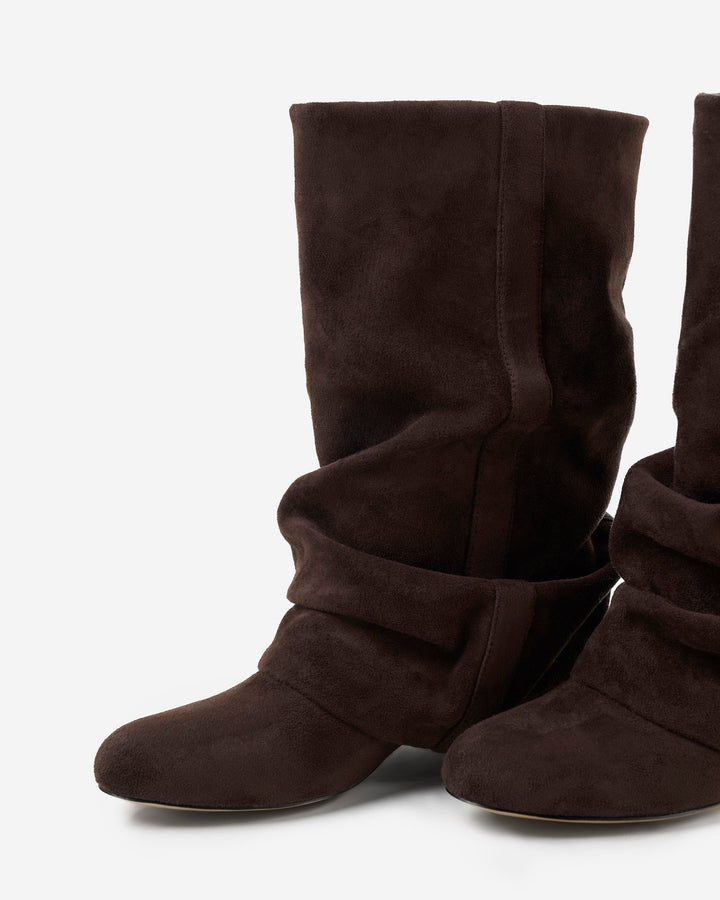 Women's brown slouchy knee high boots with low heel