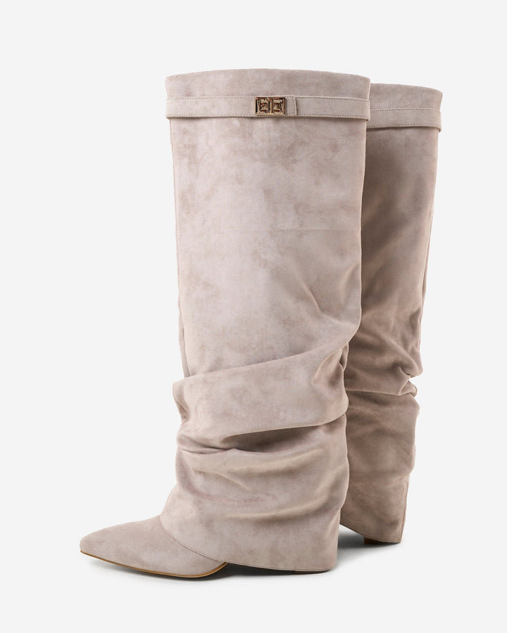 Women's taupe slouchy knee-high boots with pointed toes and buckle straps
