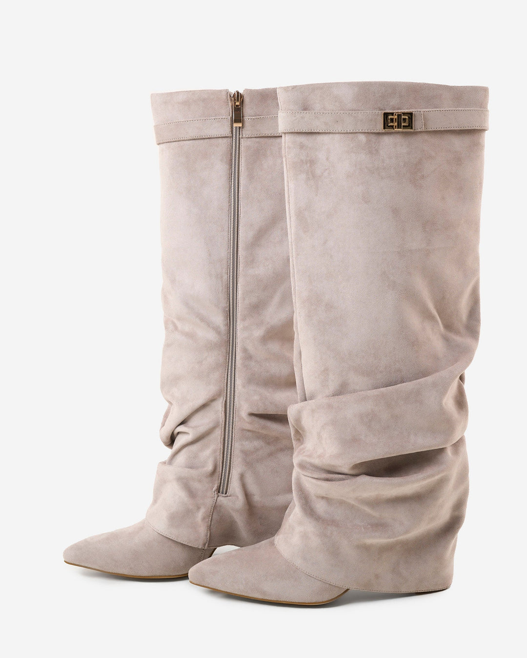 Women's taupe slouchy knee-high boots with pointed toes and buckle straps