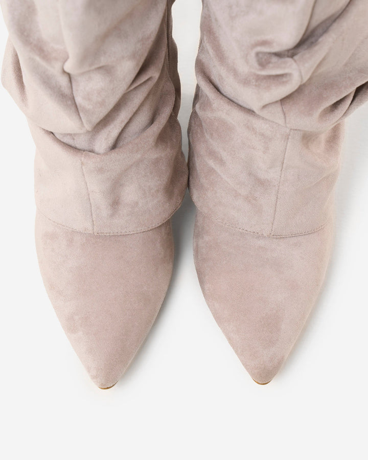 Women's taupe slouchy knee-high boots with pointed toes and buckle straps