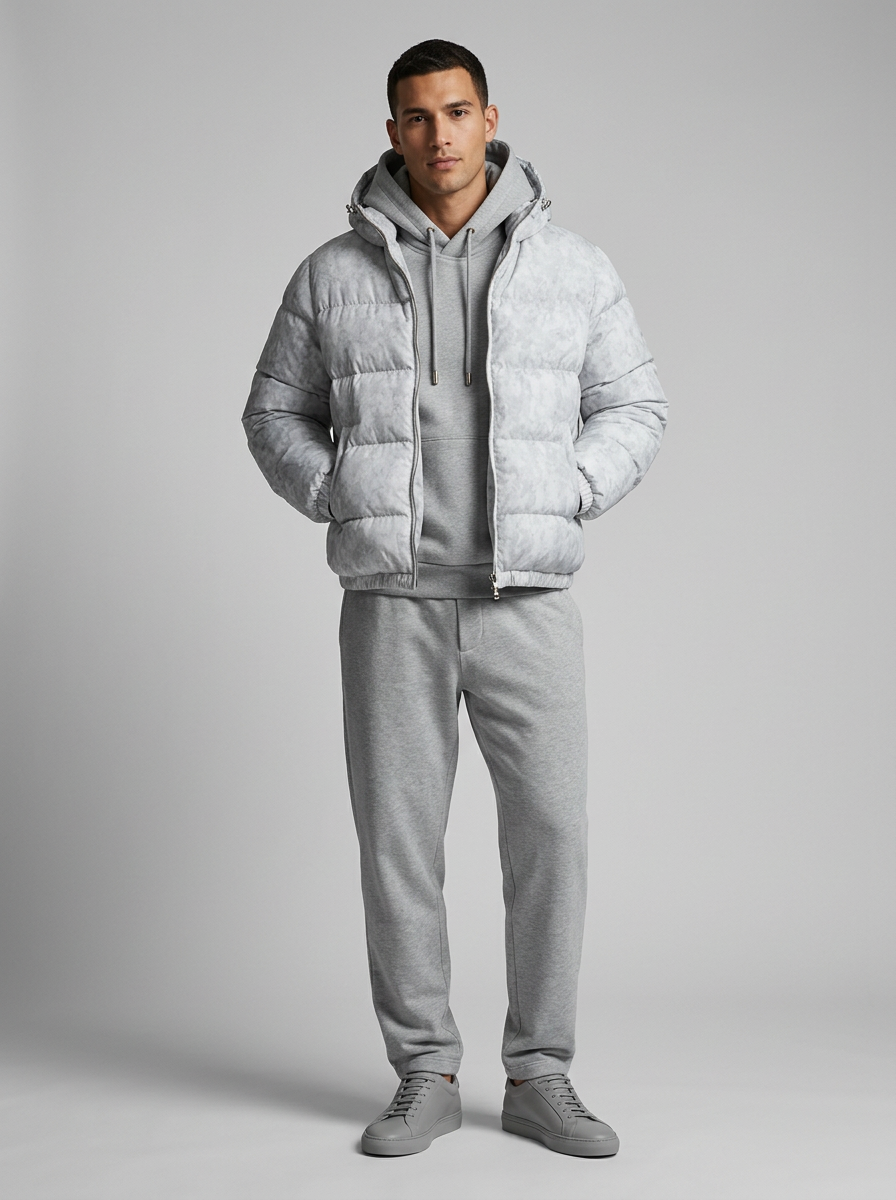 Men's hooded quilted puffer jacket shown in gray and black variants