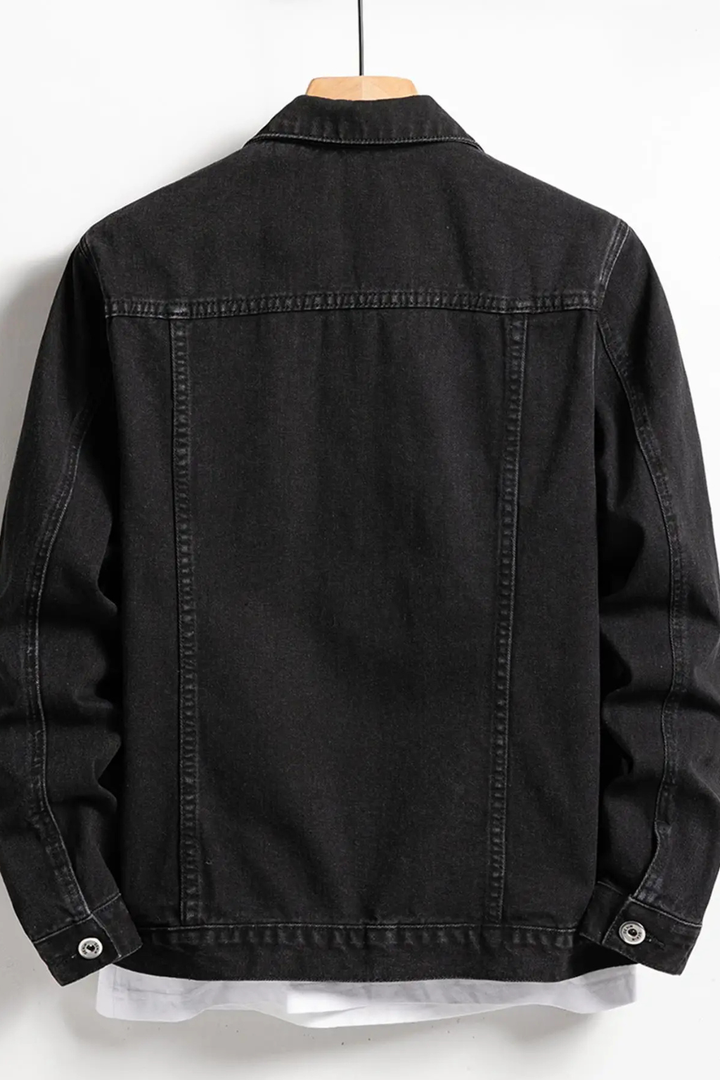 Men's black classic fit denim jacket with button front, flap chest pockets and long sleeves