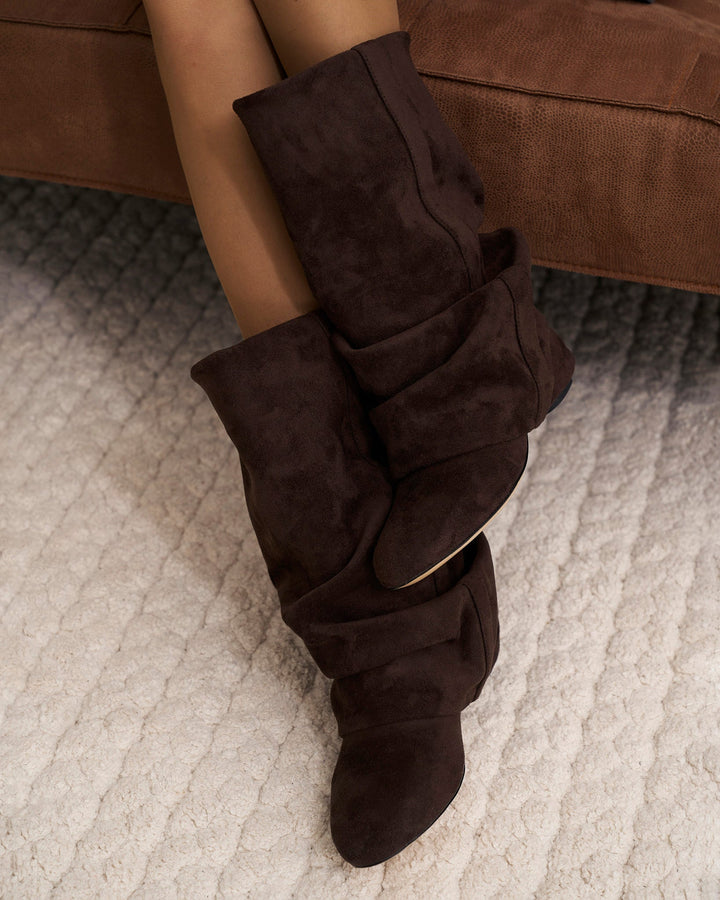 Women's brown slouchy knee high boots with low heel