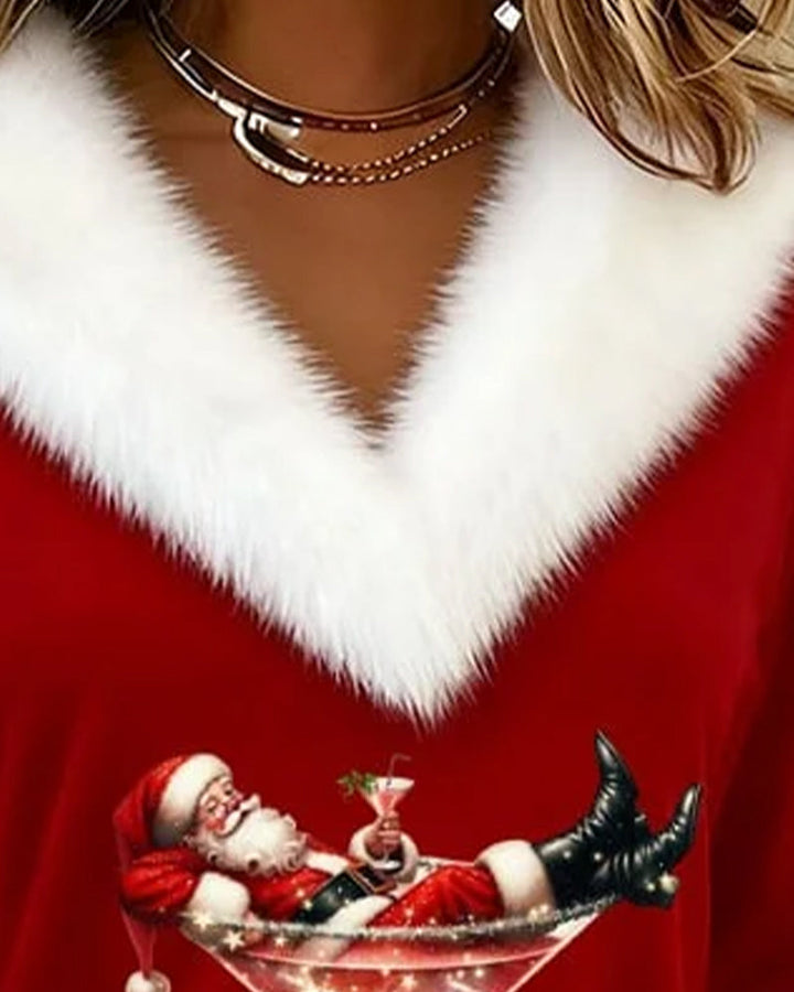 Women's red plush Christmas top with white faux fur V-neck trim and holiday print