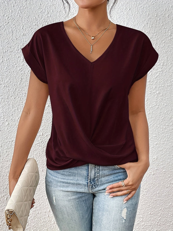 Women's v-neck short sleeve t-shirt with wrap front in mauve