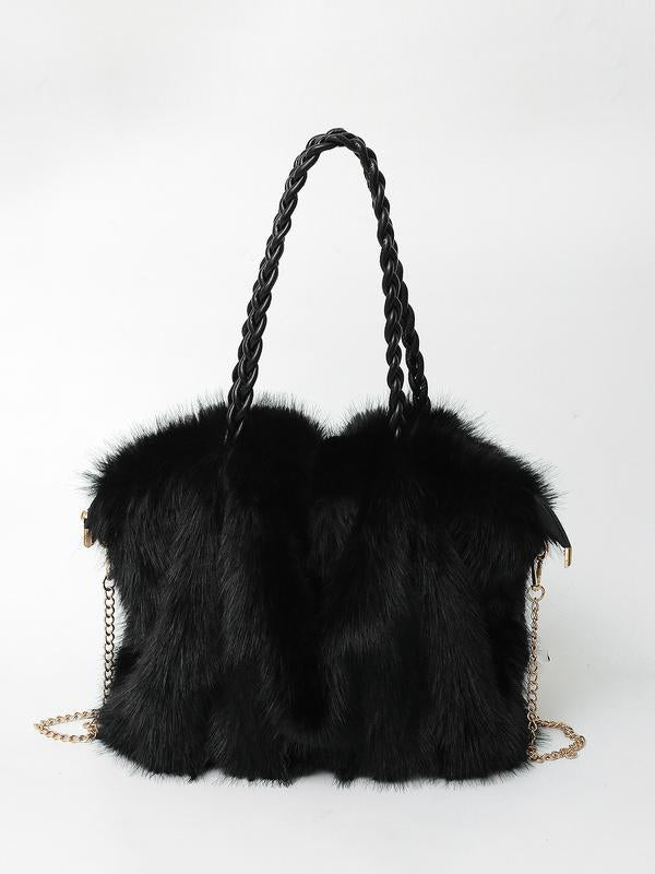 Faux fur shoulder bag with braided handles and chain strap