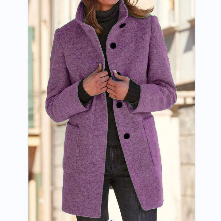 Women's mid-length button front coat with stand collar and patch pockets