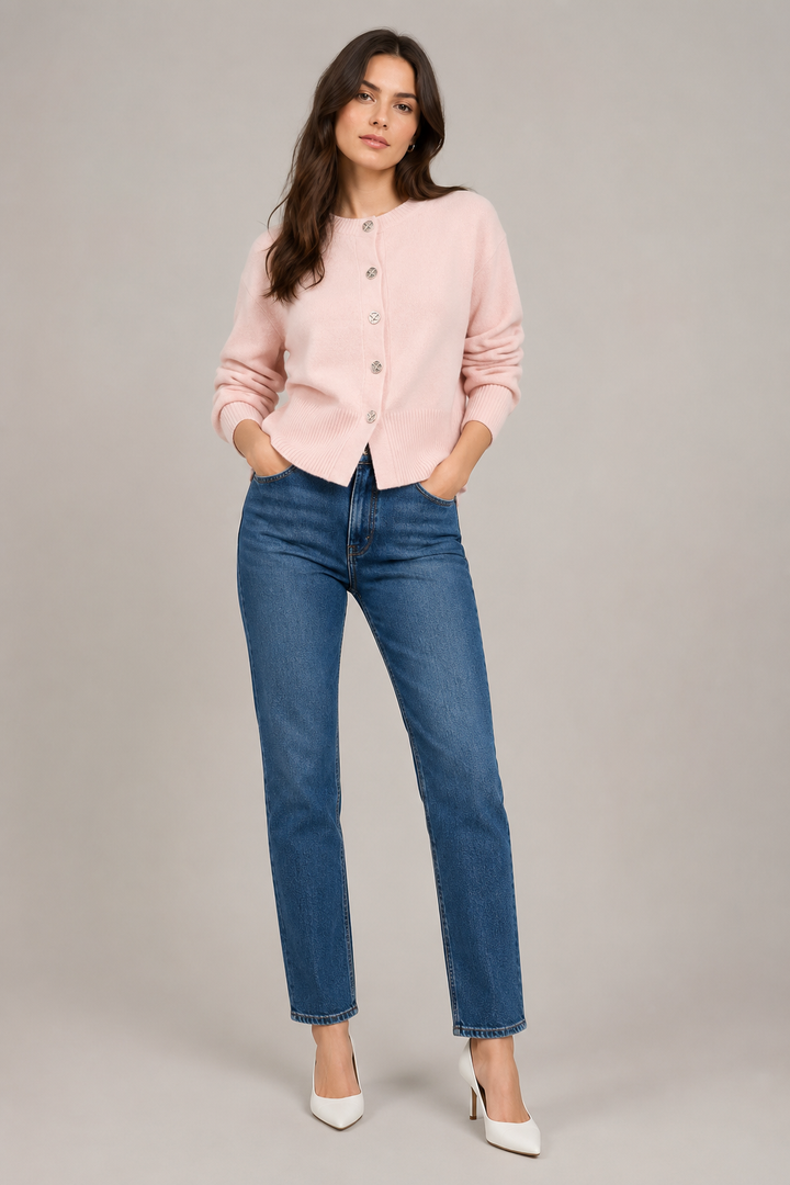 Women's short button-front cardigan with long sleeves and ribbed trims