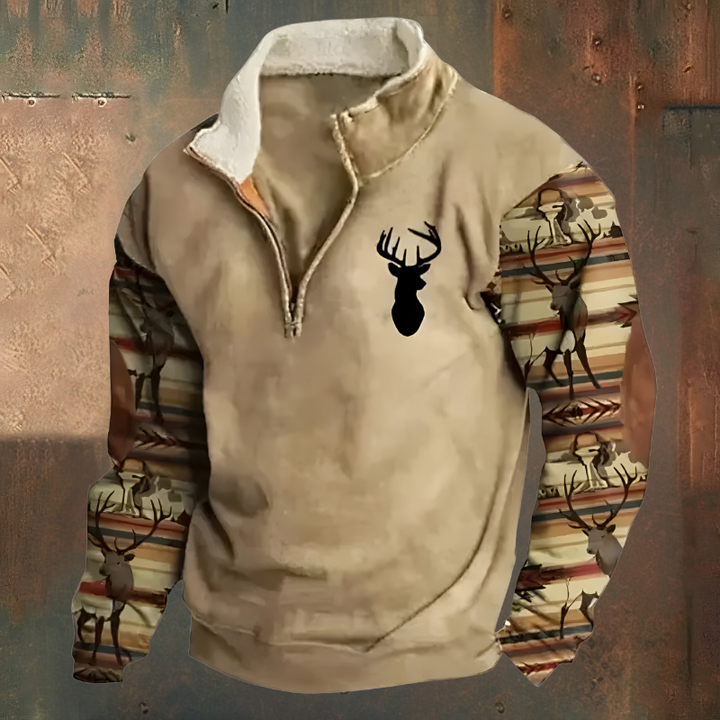 Men's half-zip sweater with deer embroidery, mock neck and elbow patches