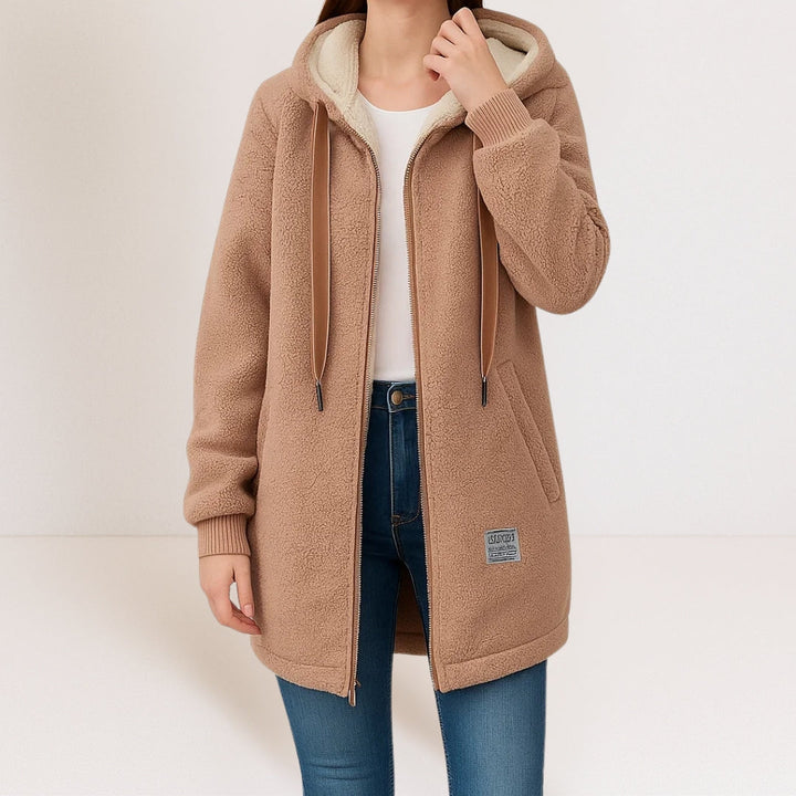 Women's longline textured hooded jacket with zip front and pockets