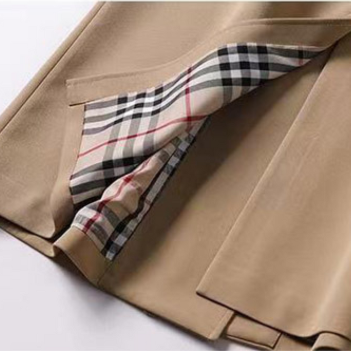 Women's double-breasted trench coat with belt and checked lining