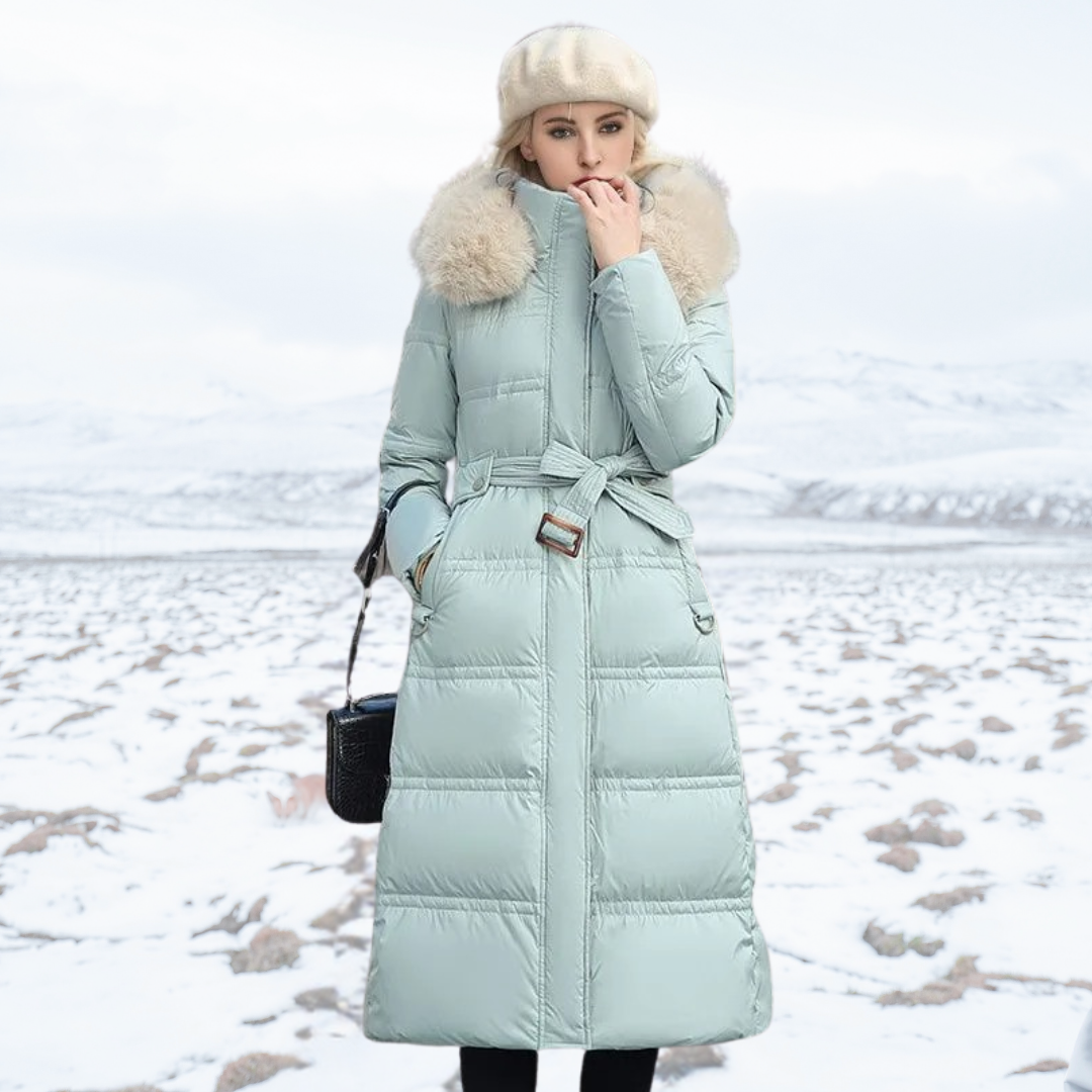 Women's longline quilted winter coat with fur-trim hood