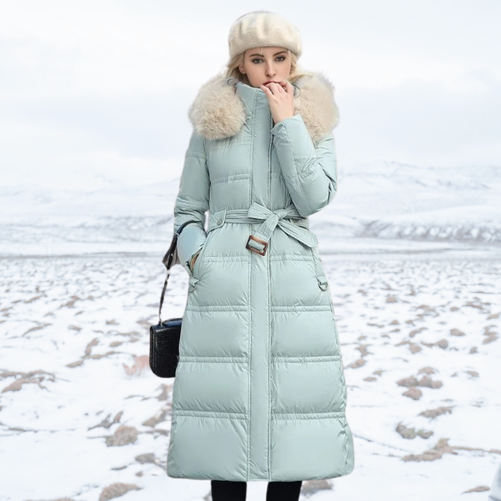 Women's longline quilted winter coat with fur-trim hood
