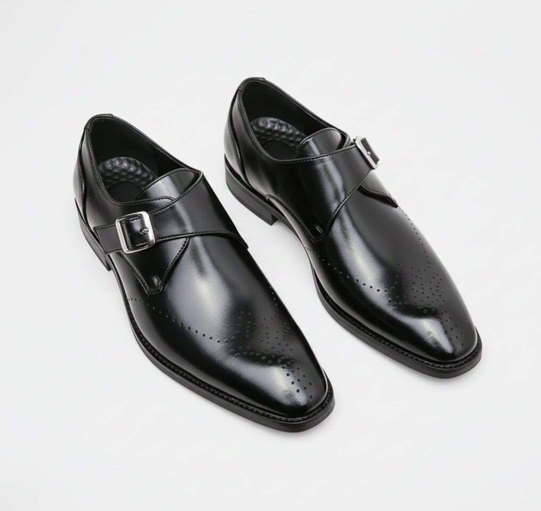 Men's polished buckle loafers with perforated almond toes