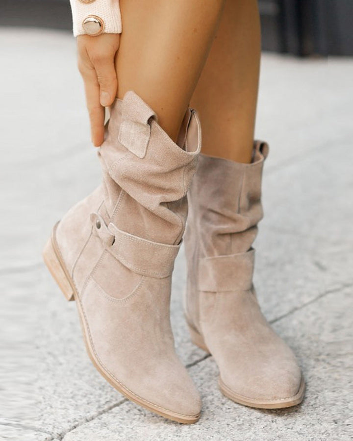 Women's slouch ankle boots with low heels, side zippers and wraparound straps