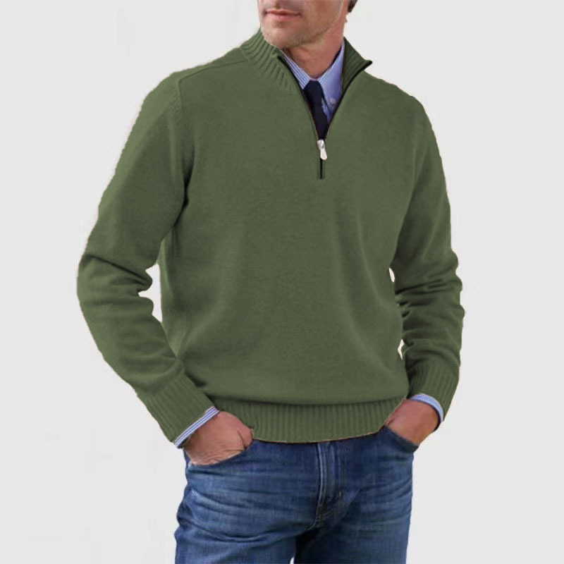 Men's long-sleeve half-zip mock neck sweater with ribbed trims