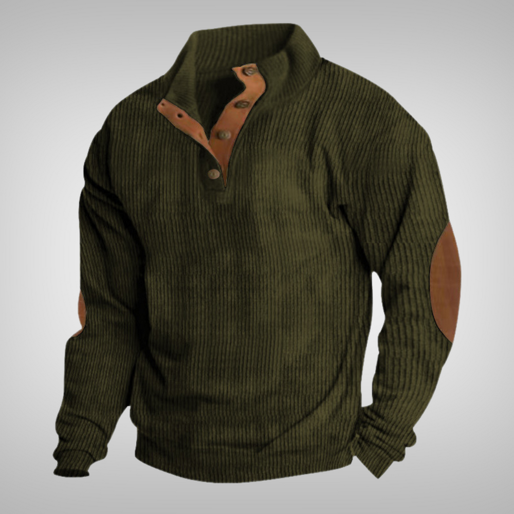 Men's ribbed mock neck sweater with button placket and elbow patches