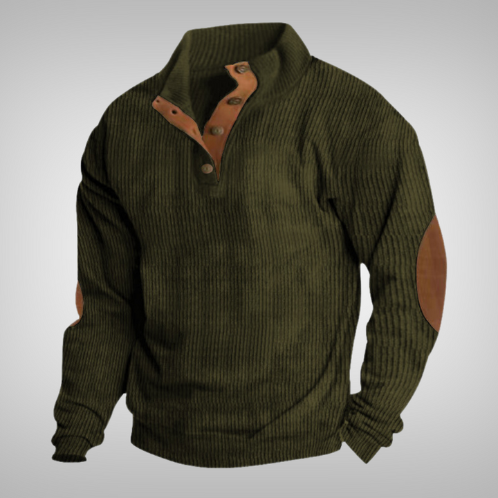 Men's ribbed mock neck sweater with button placket and elbow patches