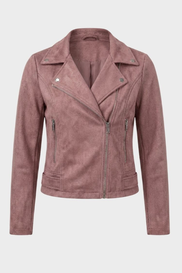 Women's cropped biker jacket with notched lapels and front zippers