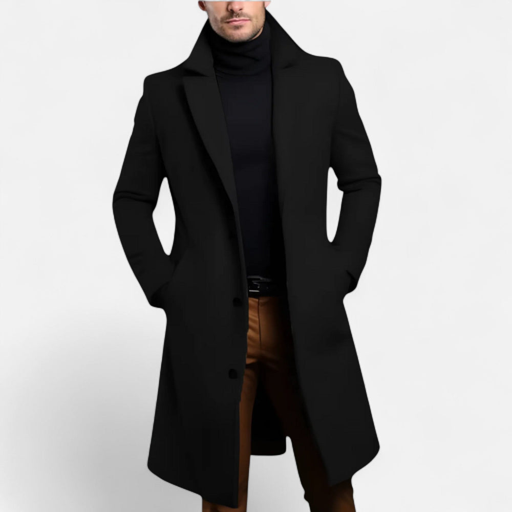 Men's long coat with notched lapels, long sleeves, button front and side pockets