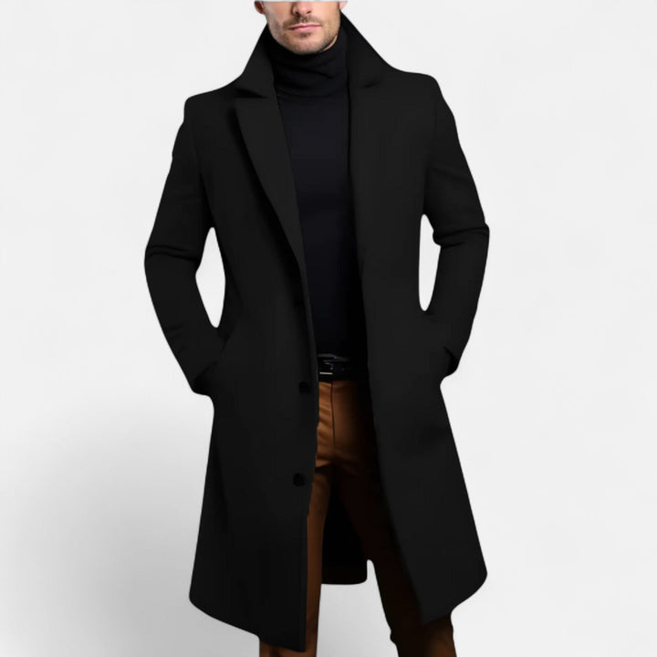 Men's long coat with notched lapels, long sleeves, button front and side pockets