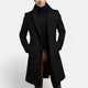 Men's long coat with notched lapels, long sleeves, button front and side pockets