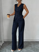 Women's pinstripe sleeveless vest and wide-leg trouser set with V-neck and button front