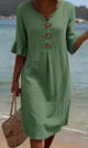 Women's Linen Blend Shift Dress, Buttoned V-Neck, Ruffle Cuffs