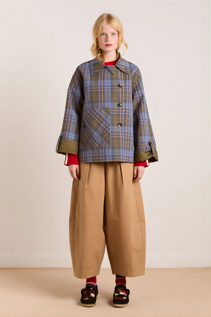 Women's olive utility jacket with blue plaid panels and long sleeves