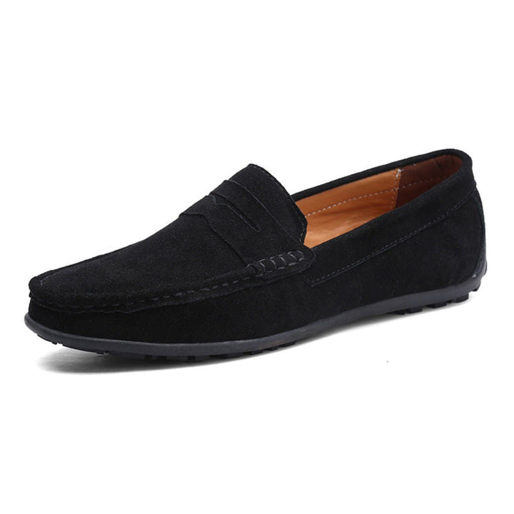 Men's penny loafers with moc toe, stitched edging and flat sole