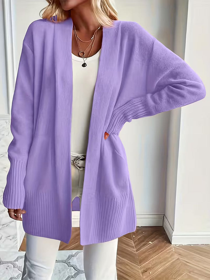 Women's long open front cardigan with ribbed cuffs and hem