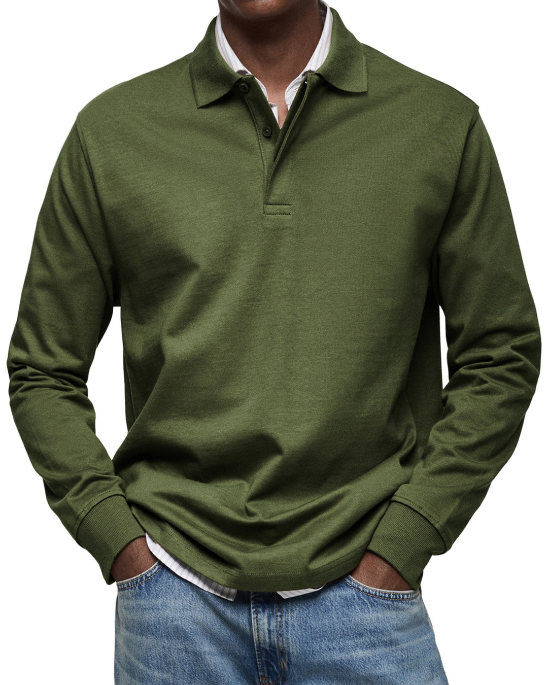 Men's long sleeve polo sweater with collared button placket and ribbed cuffs