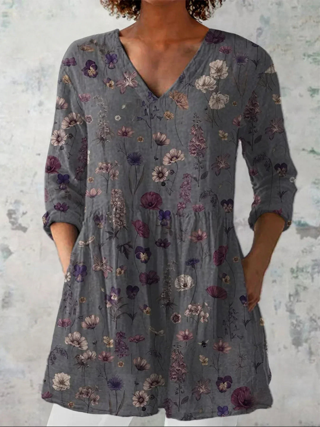 Wildflower Print Tunic Top with V-Neck and Side Pockets