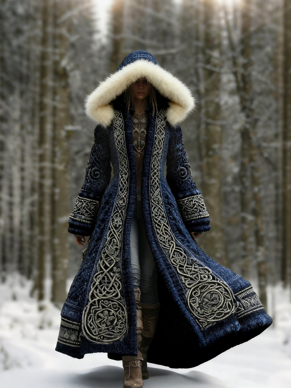 Women's embroidered hooded maxi winter coat with decorative trim