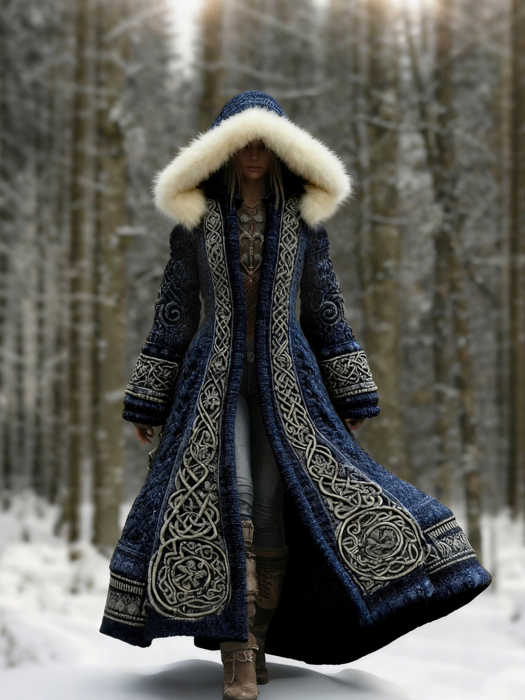 Women's embroidered hooded maxi winter coat with decorative trim