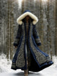 Women's embroidered hooded maxi winter coat with decorative trim