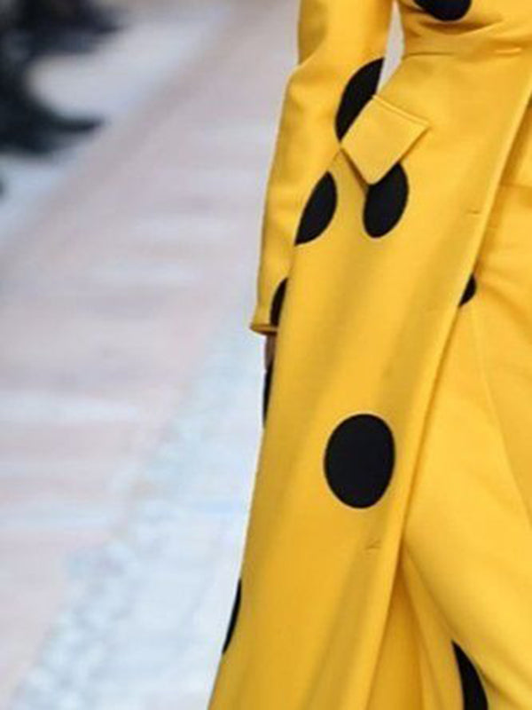 Women's yellow long coat with black polka dots and high lapel collar
