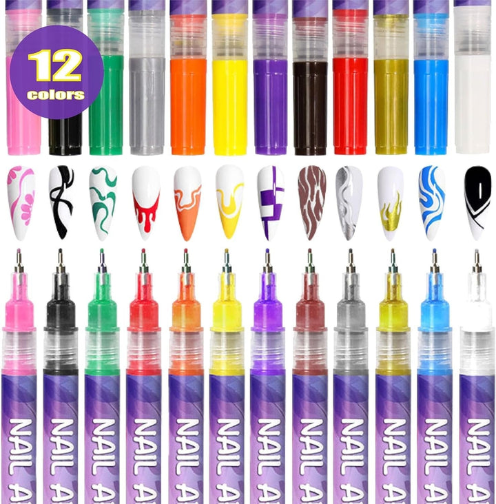 Set of 12 colourful water-based nail art pens with fine tips and storage box