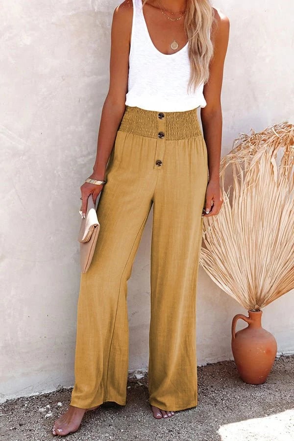 High-Waisted Trousers with Smocked Waist Bottom Collection in Olive Green (Almost Sold Out) - View 9 | Bellmere