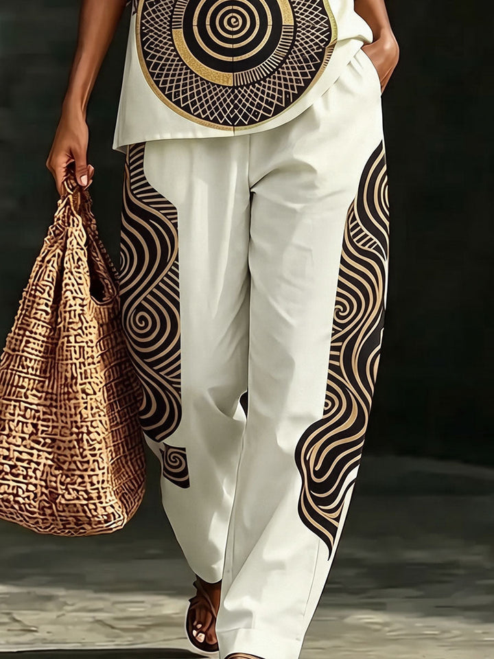 Women's cream wide-leg trousers with geometric contrast panels
