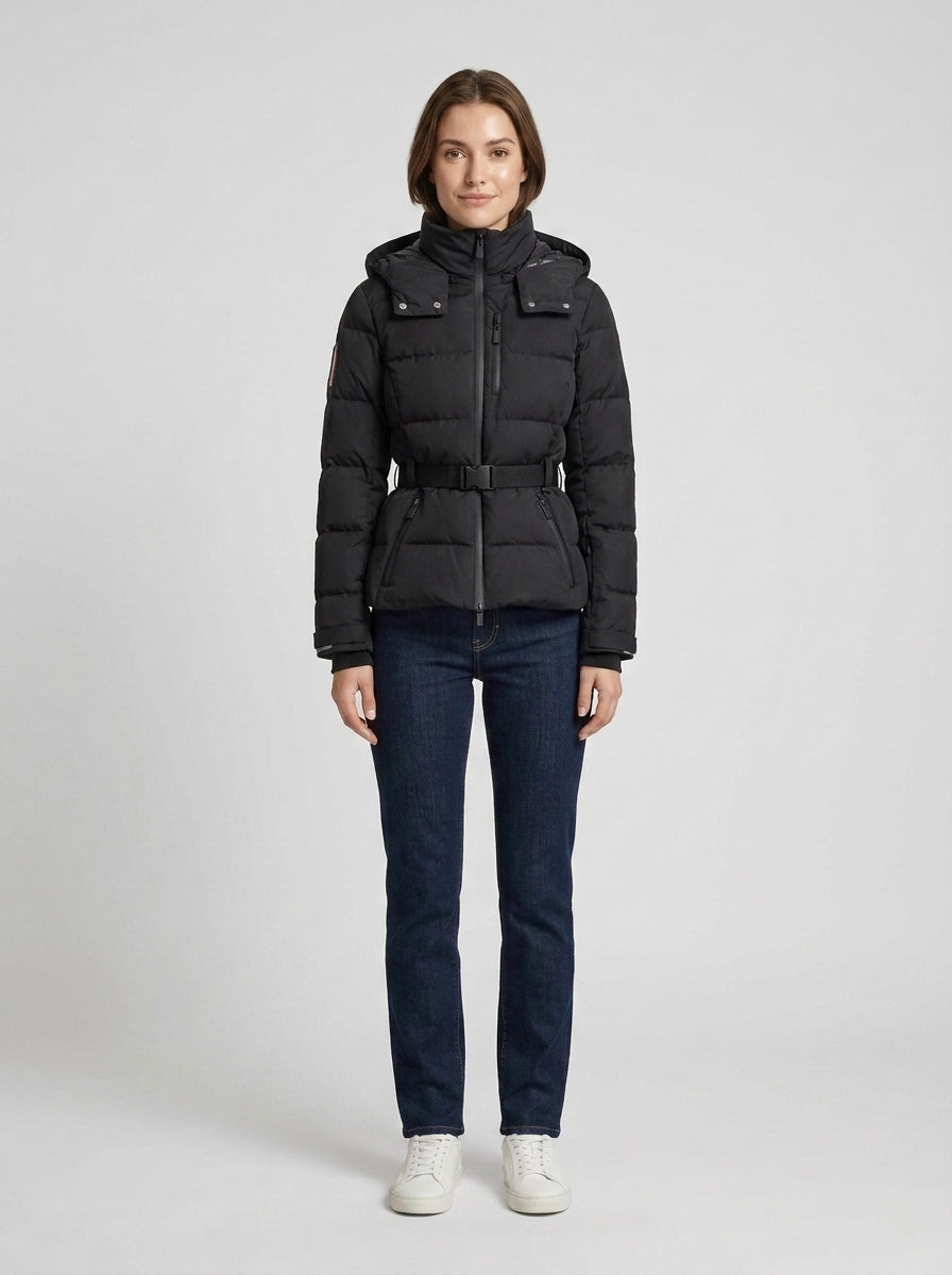 Women's black hooded quilted puffer jacket with belt and zip pockets
