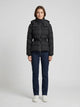 Women's black hooded quilted puffer jacket with belt and zip pockets