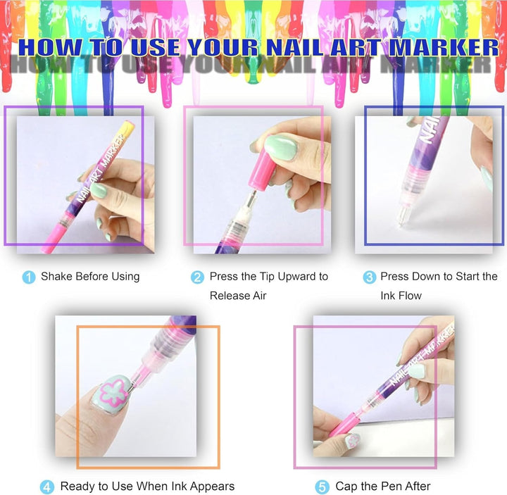 Set of 12 colourful water-based nail art pens with fine tips and storage box