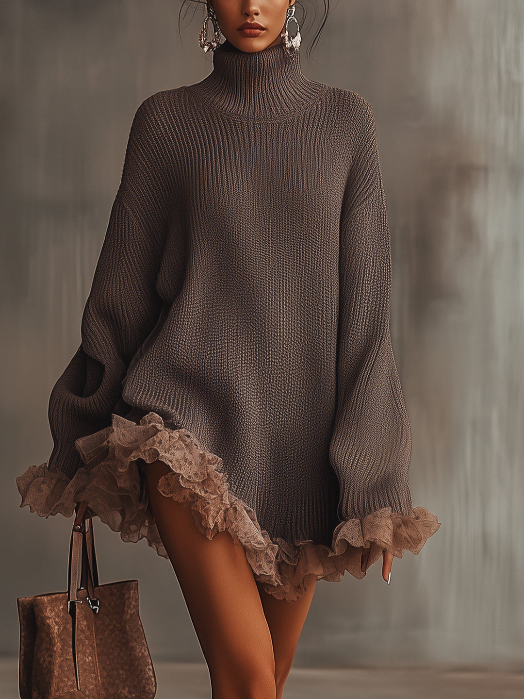 Women's brown textured knit mini dress with turtleneck and ruffle trim