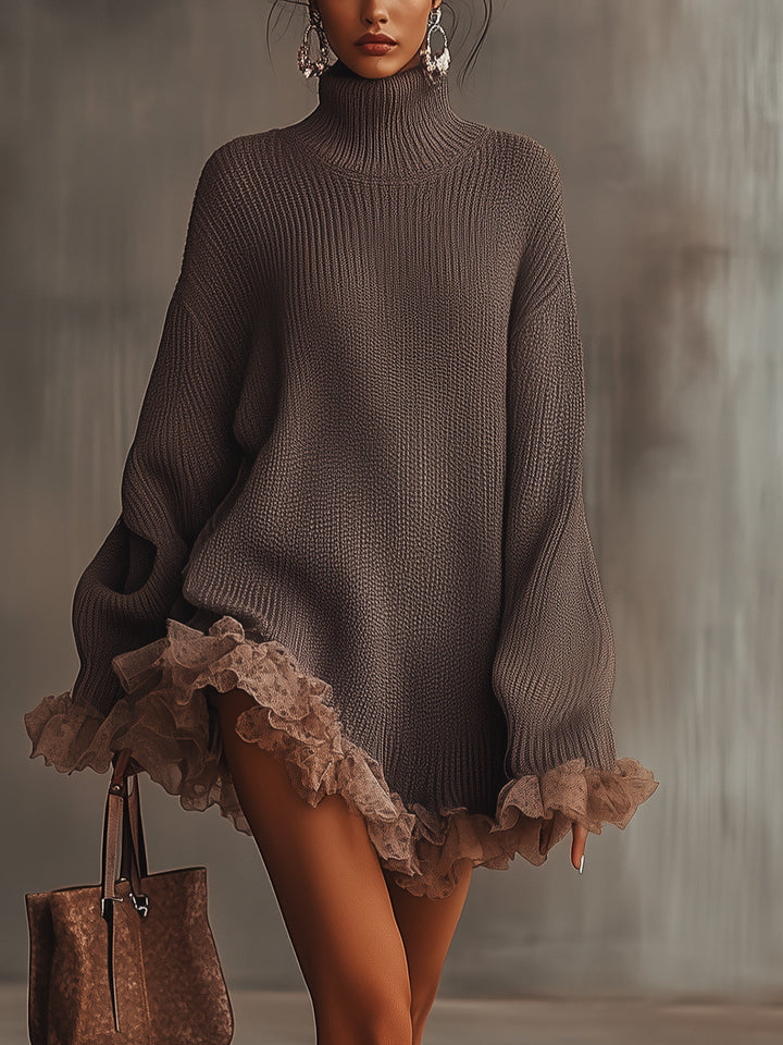 Women's brown textured knit mini dress with turtleneck and ruffle trim