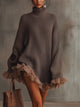 Women's brown textured knit mini dress with turtleneck and ruffle trim